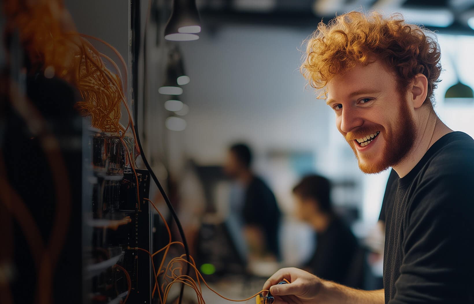 A person with curly red hair smiles while working on network cables in a tech environment. Blurred background with people and computers.